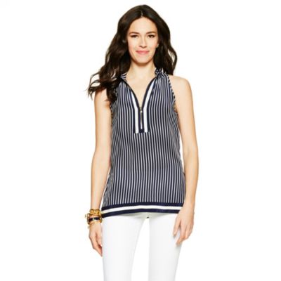 Silk Striped Zip Front Top