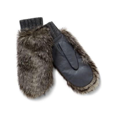 Grey Fur Leather Palm Mitten